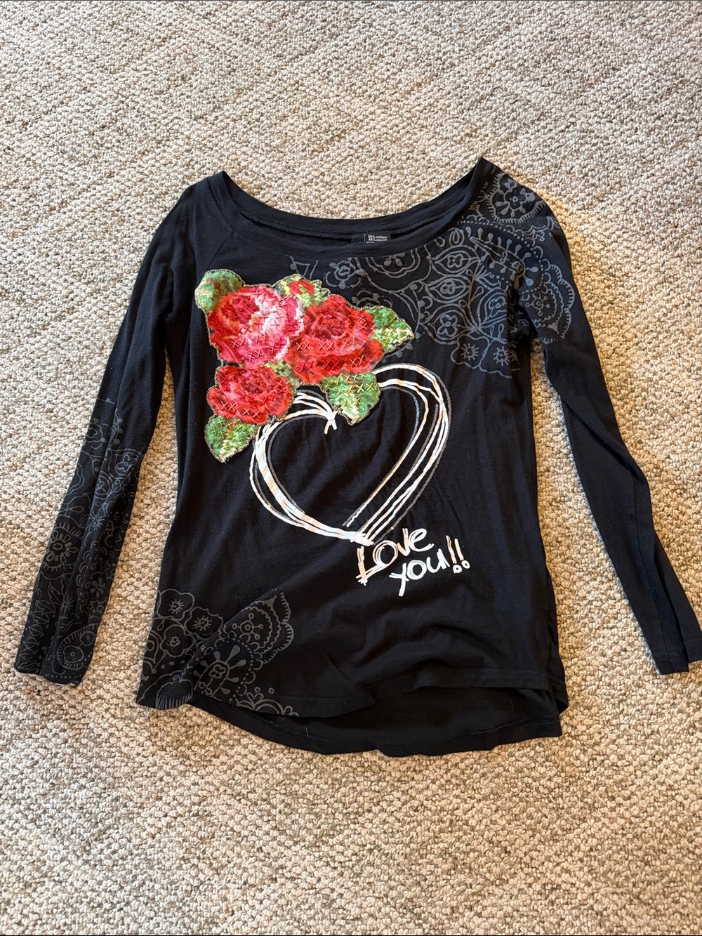 Desigual Black Long Sleeve Tee with Red Floral Heart